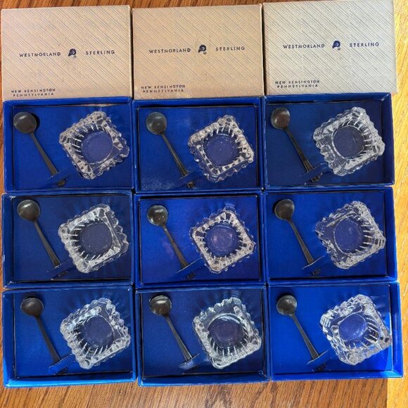 Westmoreland Sterling John & Priscilla Salt Spoon w/ Crystal Dip-set of 9